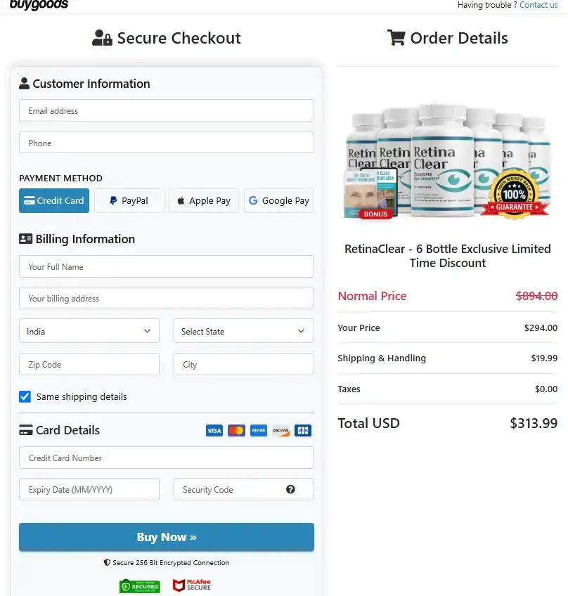 RetinaClear Secure Checkout Page